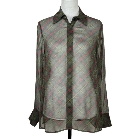 Worth New York | NWT Green Tartan Plaid 100% Silk Long Sleeve Button Down Blouse - Picture 1 of 14